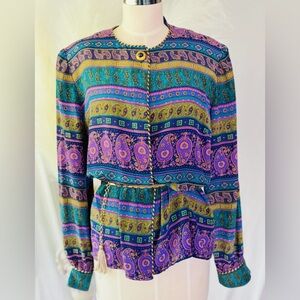 Vintage Maggie London 100% Silk Colorful Baroque Shirt w/ Statement Gold Buttons